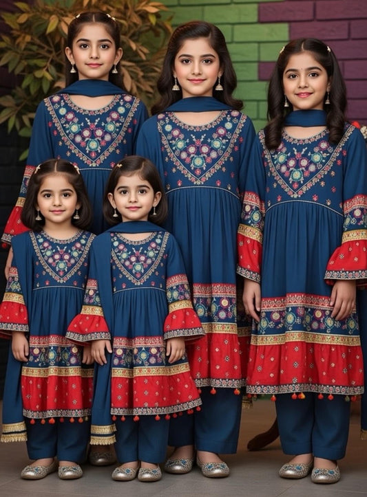 Noor’s-Blue & Red Frock-3Pc