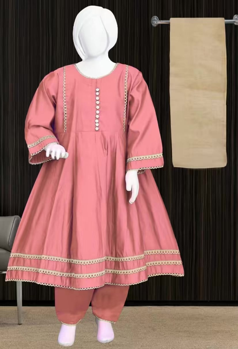 Tea Pink Cotail Frock-3pc