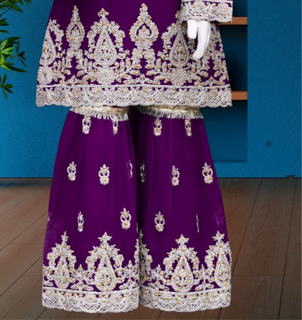 Purple 3pc-Crinkle Chiffon Sharara Set