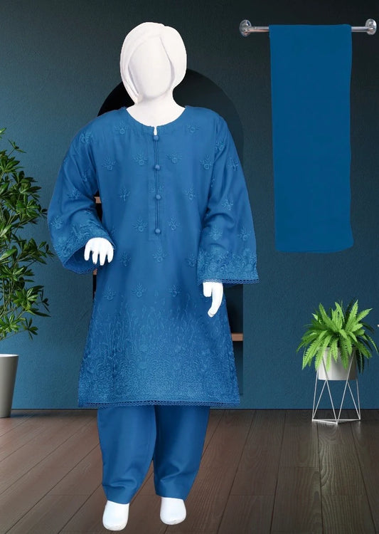 Noor’s-Blue Linen Kameez Shalwar-3Pc