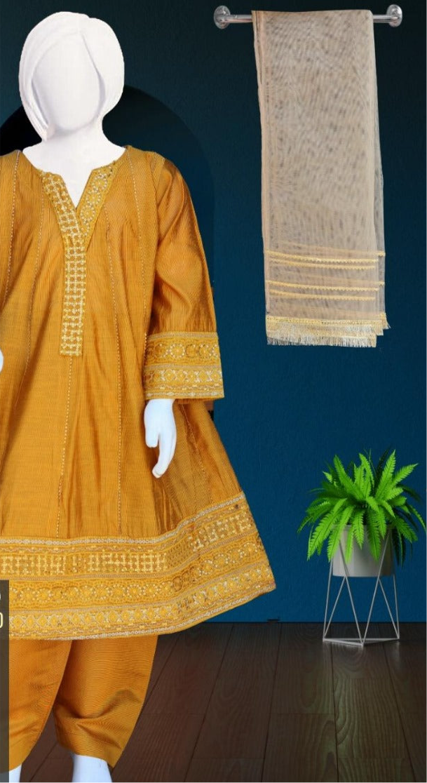 Mustard-3pc Cotton Frock