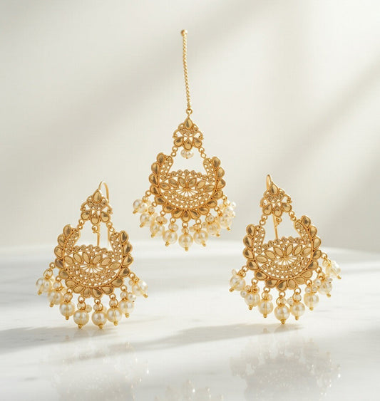 Golden-Kundan Earings and Tikka