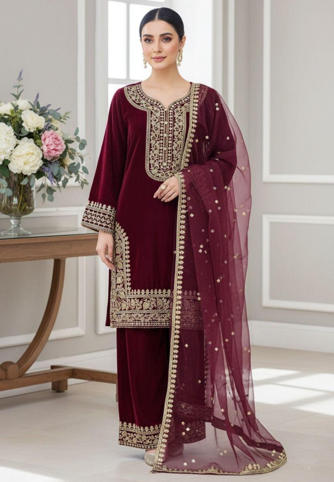 Noor’s-Embroidered Velvet-Burgundy