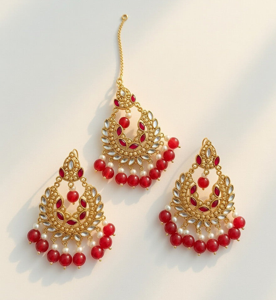 Red-Kundan Earings and Tikka