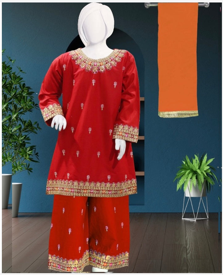 Red-3pc Cotton Kameez shalwar