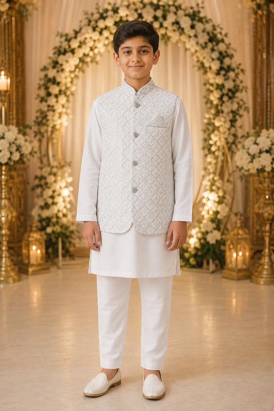 White Embroidered Waistcoat 3-Piece Set