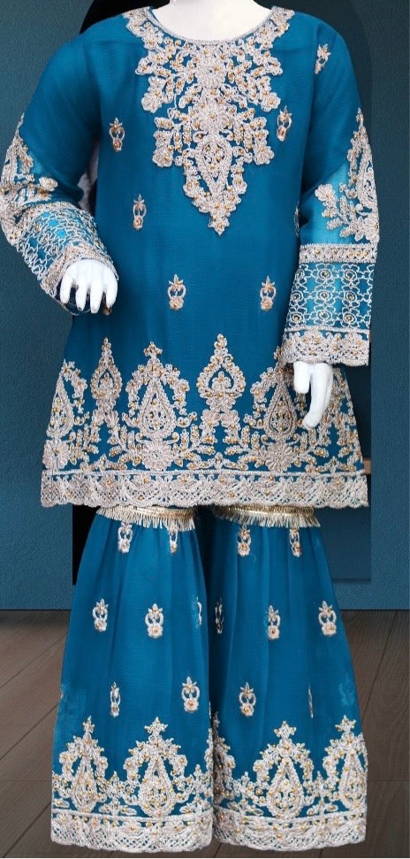 Blue 3pc-Crinkle Chiffon Sharara Set