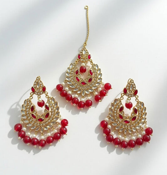 Red-Kundan Earings and Tikka