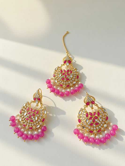 Light Pink-Kundan Earings and Tikka