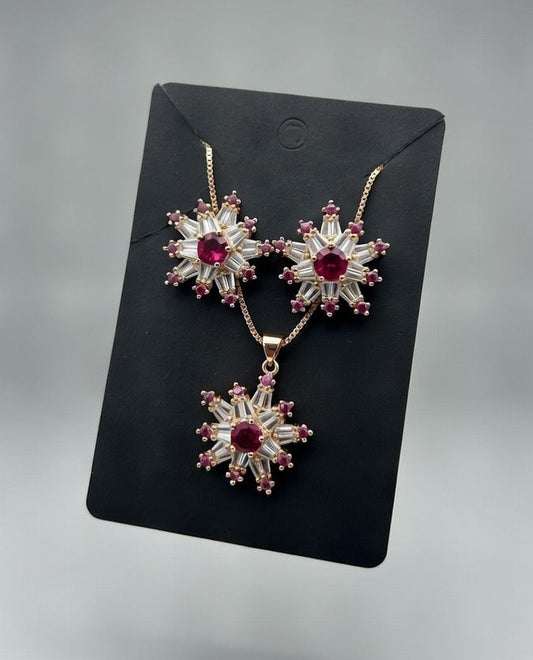 Burgundy Gold-3D Zircon Locket Set