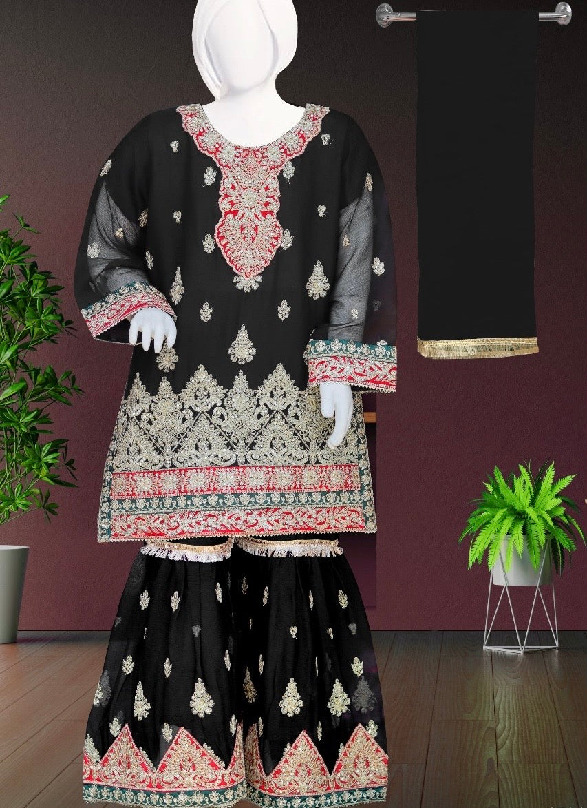 Black 3pc-Crinkle Chiffon Sharara Set