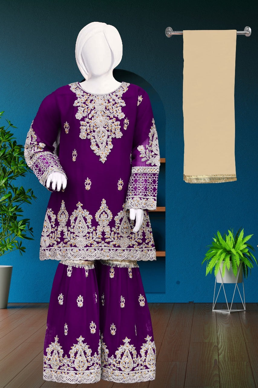 Purple 3pc-Crinkle Chiffon Sharara Set