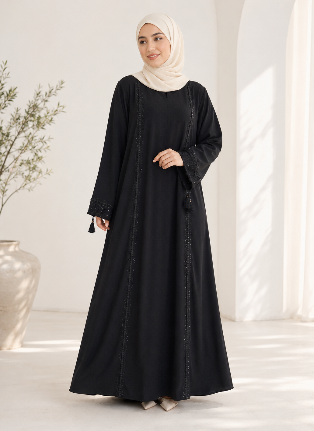 Noor’s Black Abaya W/Cut Dana work