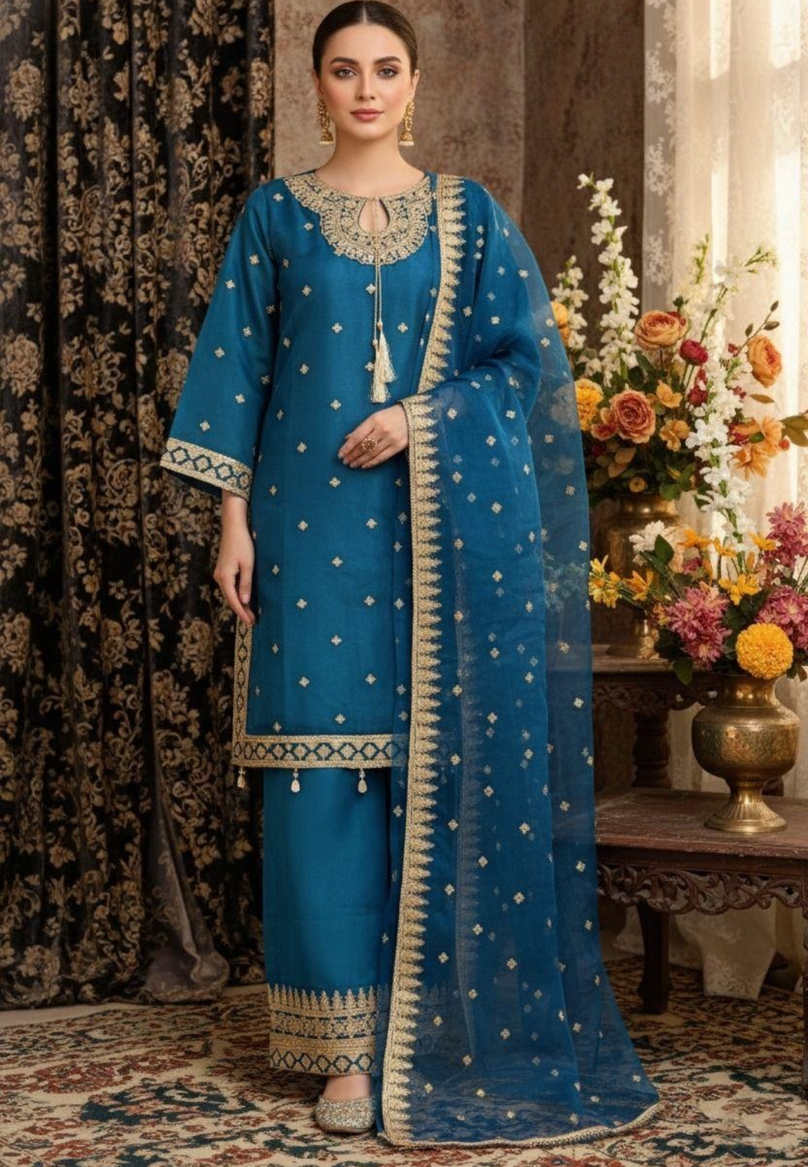 Noor’s-Festive Kameez Shalwar-Teal Blue