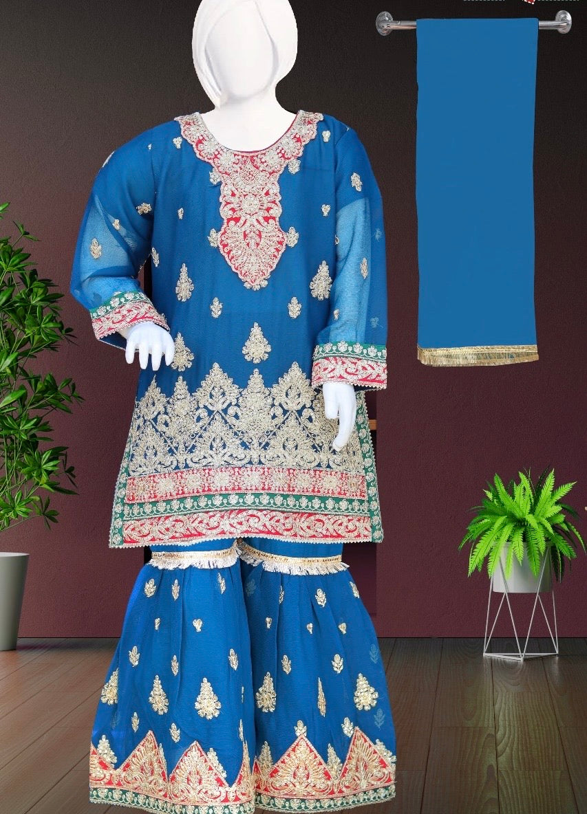 Blue 3pc-Crinkle Chiffon Sharara Set