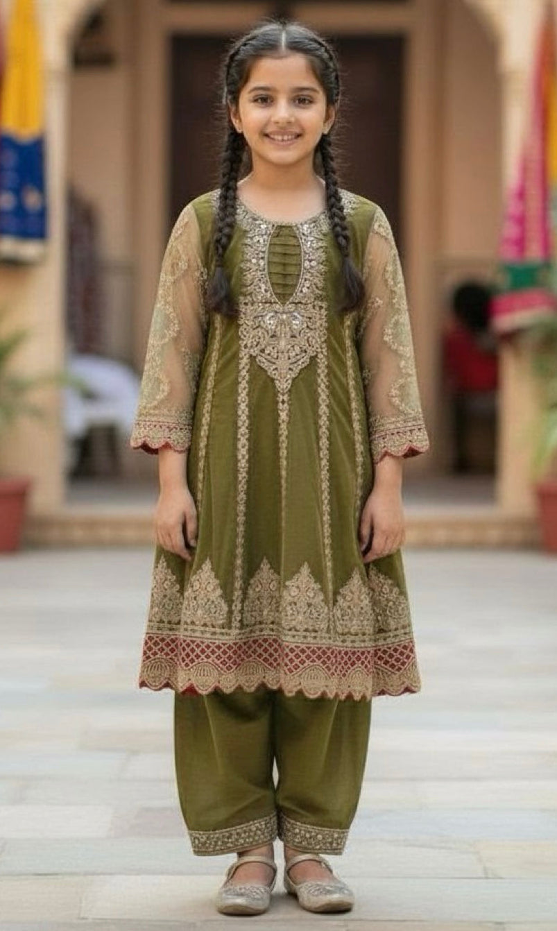 Noor’s-Olive Green Frock-3pc