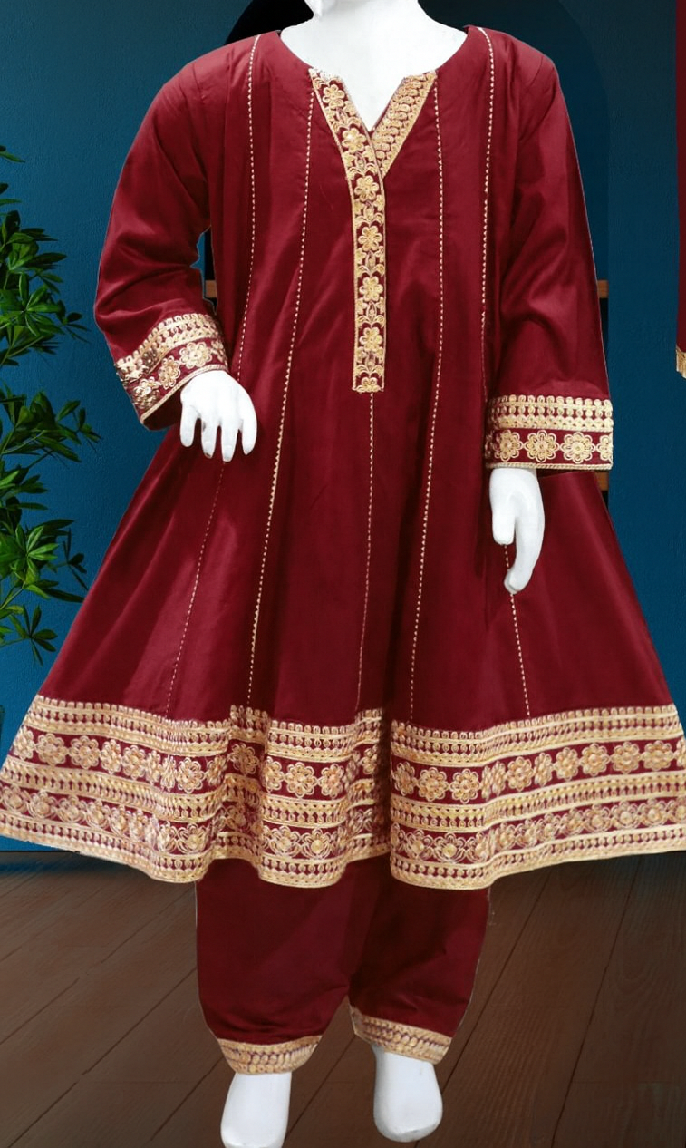Embroidered Cotton 3pc Frock -2 Colours-