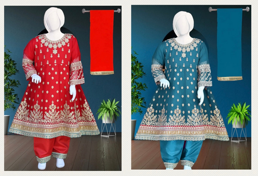 3pc Chiffon Frock-Red-Blue