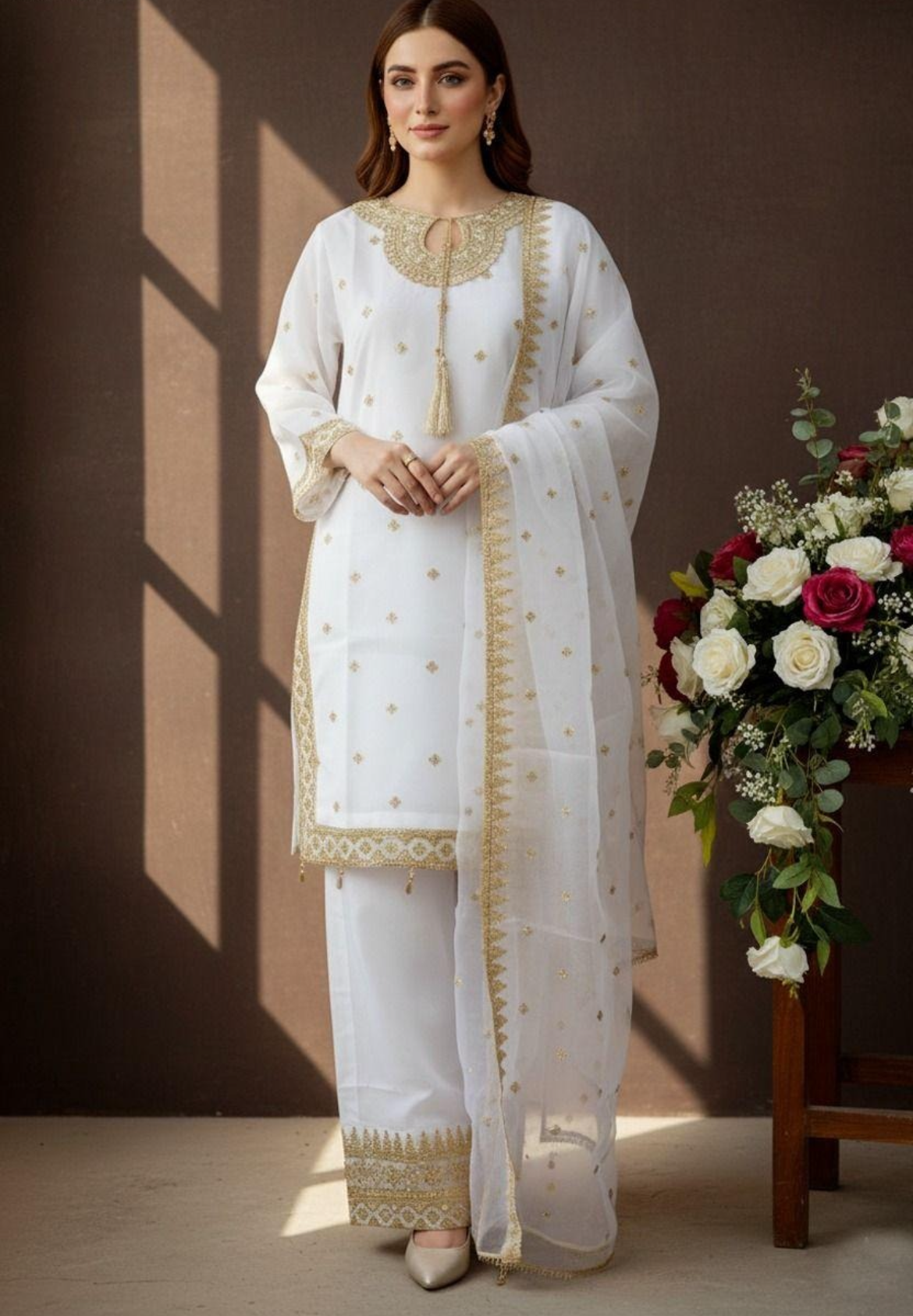 Noor’s Festive-White kameez shalwar Organza-3pc