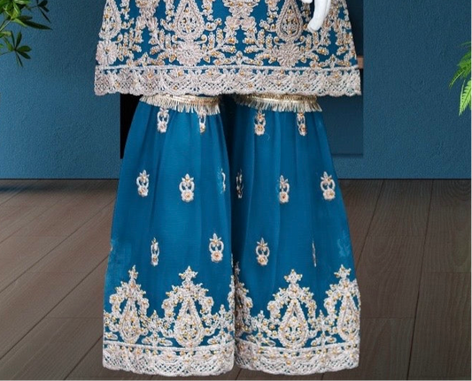 Blue 3pc-Crinkle Chiffon Sharara Set
