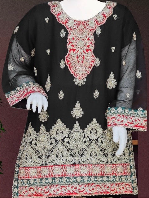 Black 3pc-Crinkle Chiffon Sharara Set