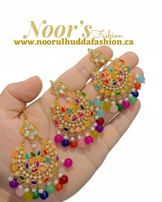 Multi Colour-Kundan Earings and Tikka