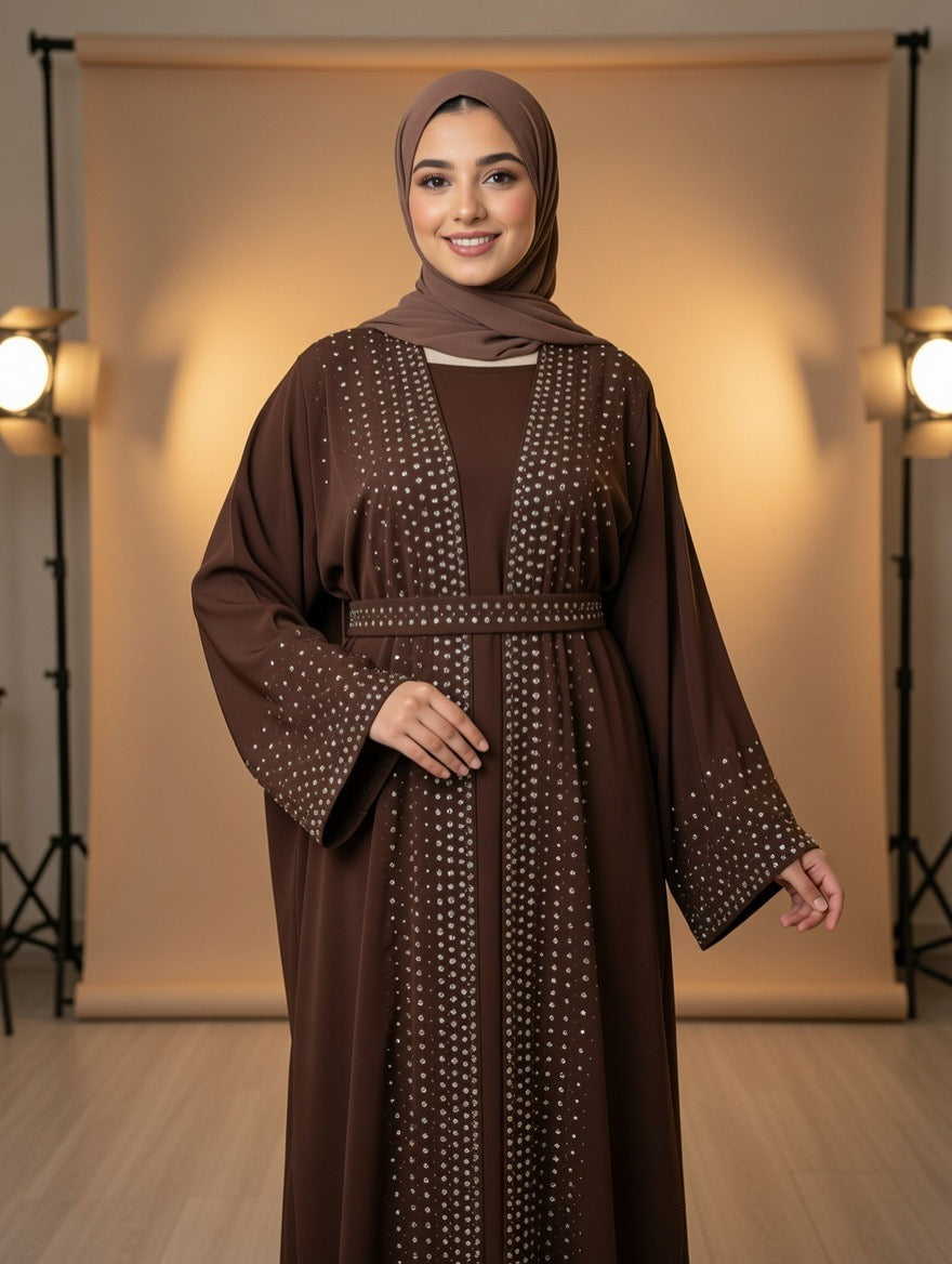 Noor’s-Dark Brown Luxury Abaya set-4pc