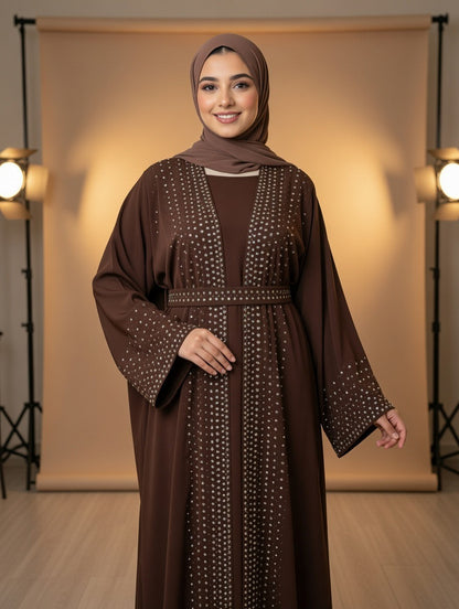 Noor’s-Dark Brown Luxury Abaya set-4pc