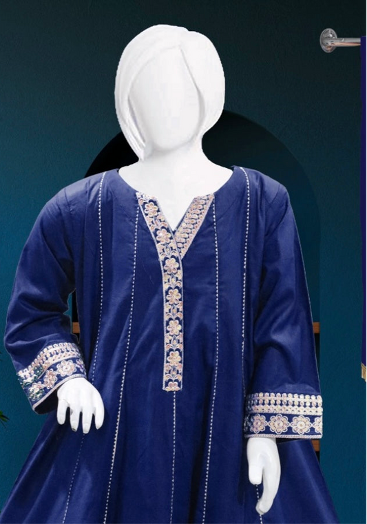 Navy Blue-3pc Cotton Frock
