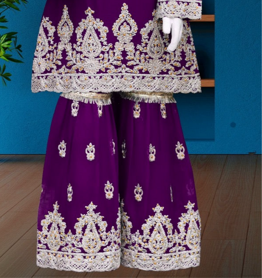 Purple 3pc-Crinkle Chiffon Sharara Set