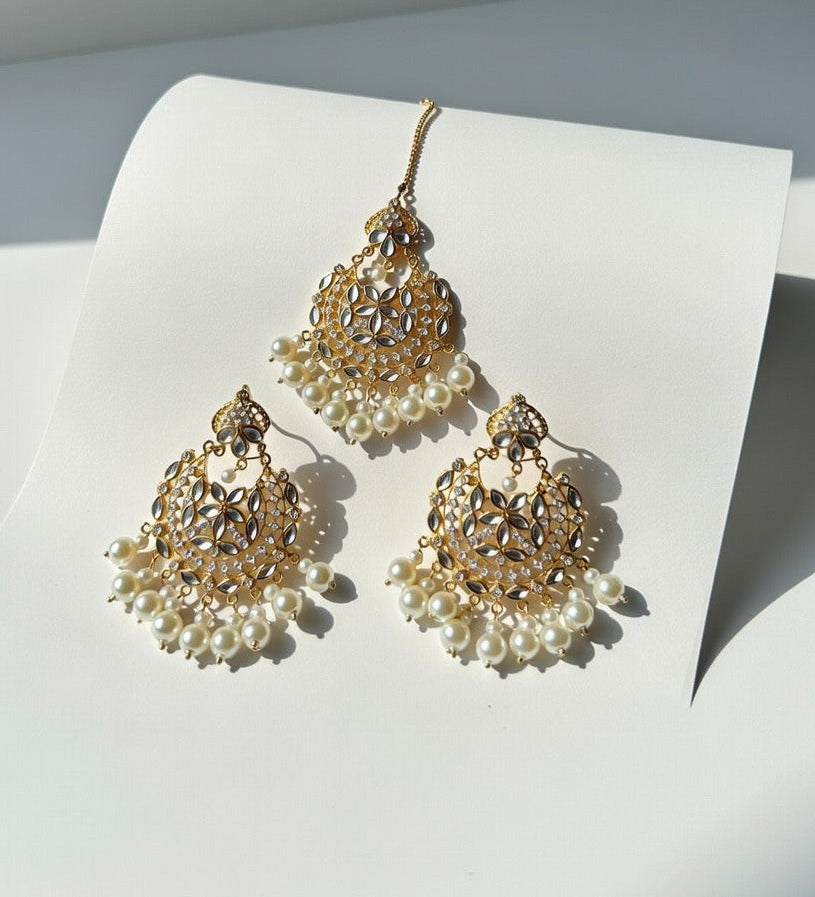 Pearl-Kundan Earings and Tikka