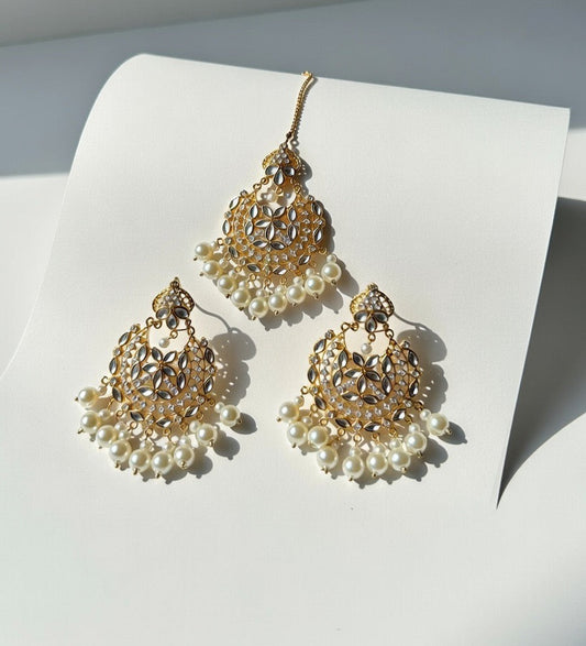 Pearl-Kundan Earings and Tikka