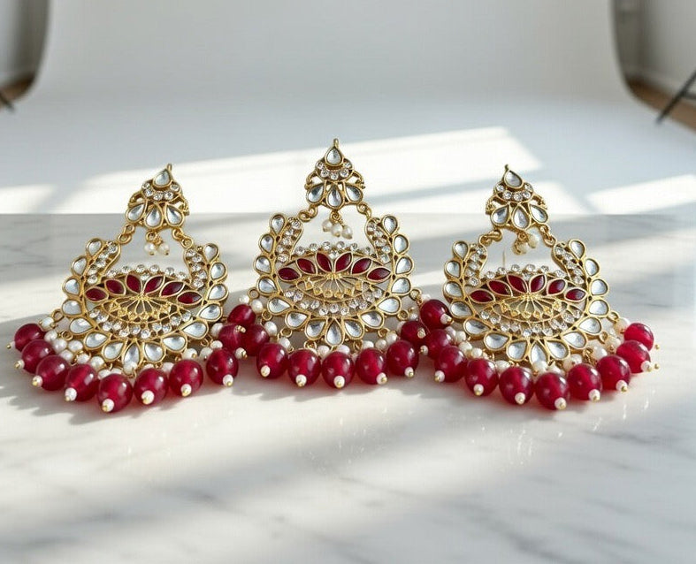 Burgundy Red-Kundan Earings and Tikka