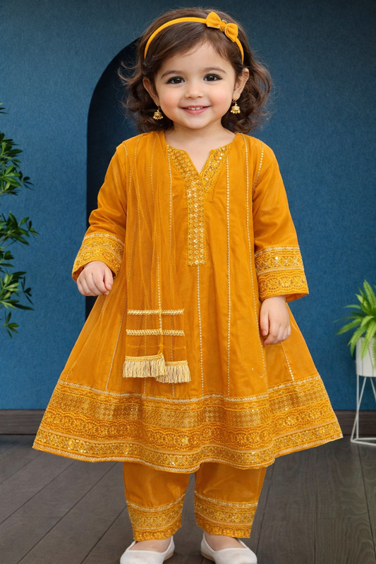 Mustard Cotton Frock-3Pc