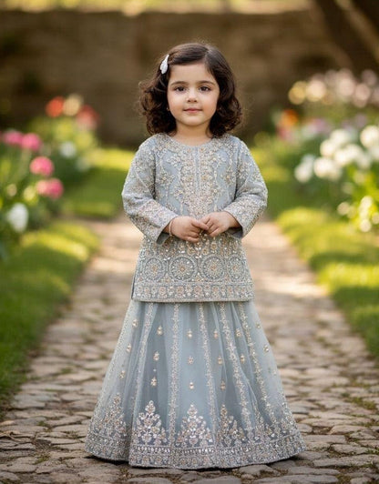 Grey Net Lehnga-Baby-3pc