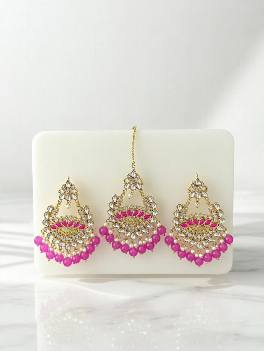 Pink-Kundan Earings and Tikka
