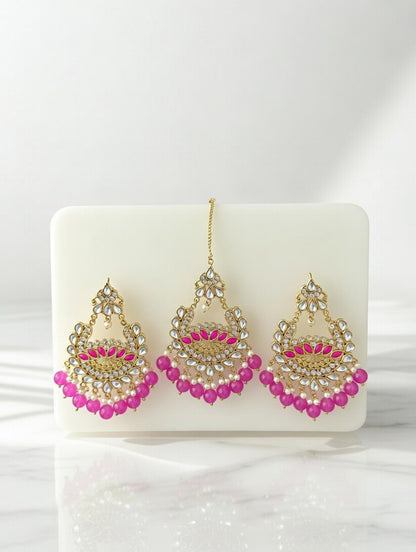 Pink-Kundan Earings and Tikka