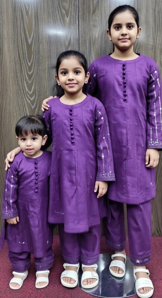 Purple Cotton Frock-3pc