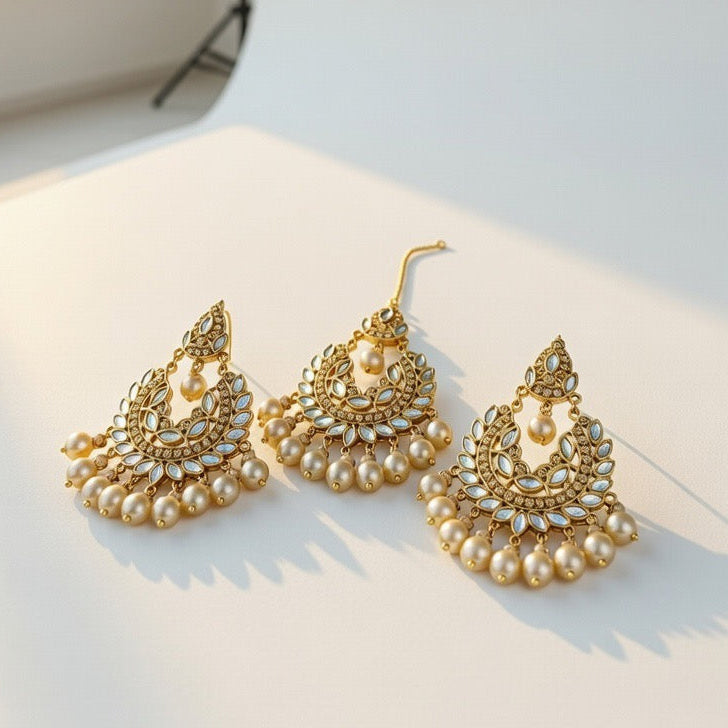 Gold-Kundan Earings and Tikka