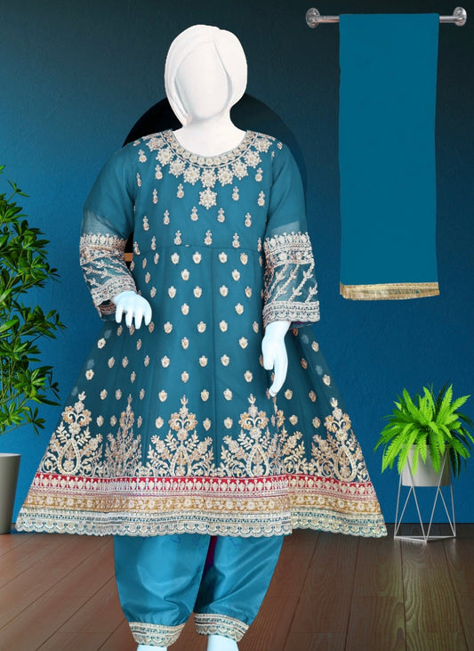 Blue-3pc Crinkle Chiffon Frock Set