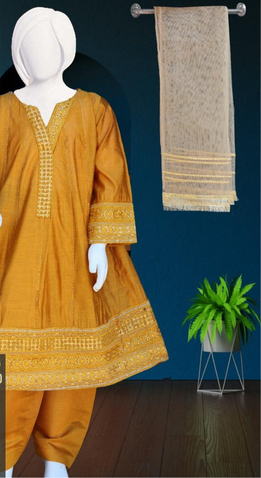Mustard-3pc Cotton Frock