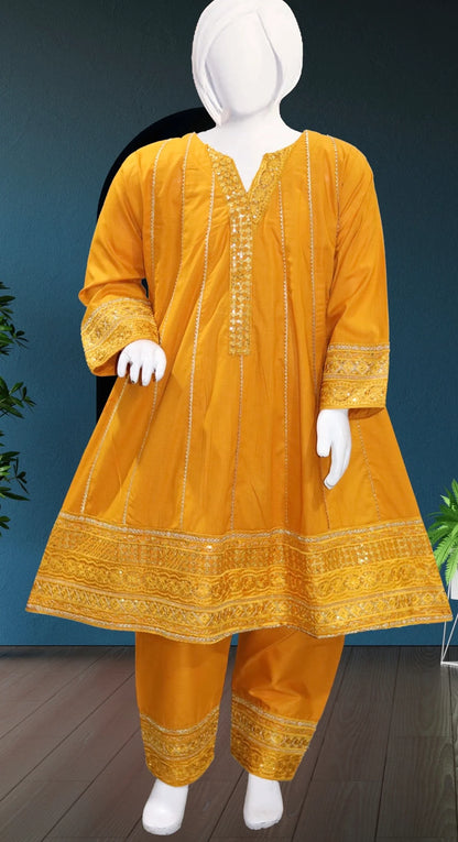 Mustard Cotton Frock-3Pc