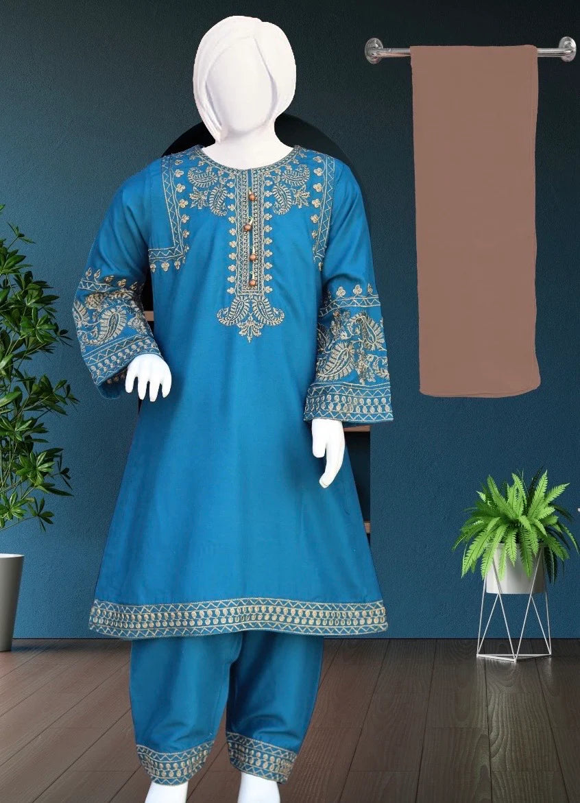 Noor’s-Blue Linen Kameez Shalwar-3Pc