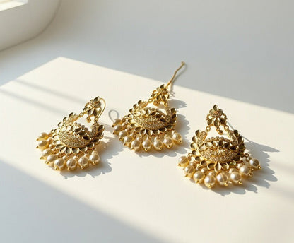 Golden-Kundan Earings and Tikka