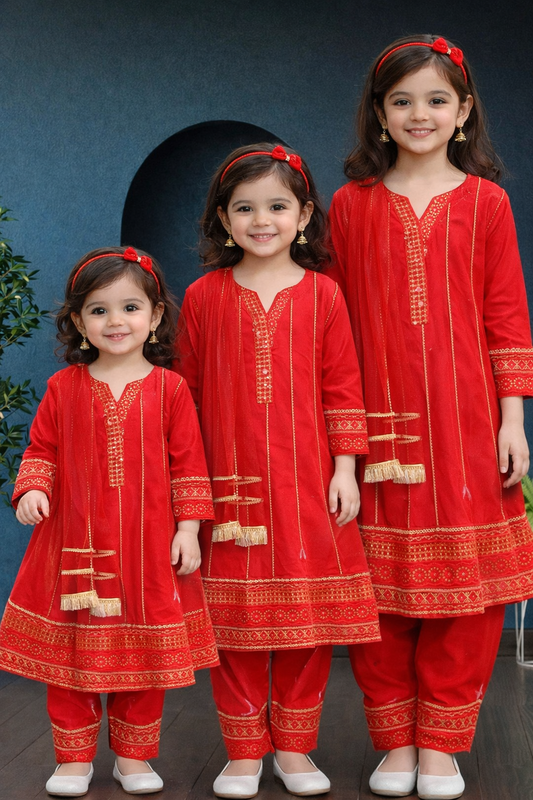 Noor’s-Red Cotton Frock-3Pc