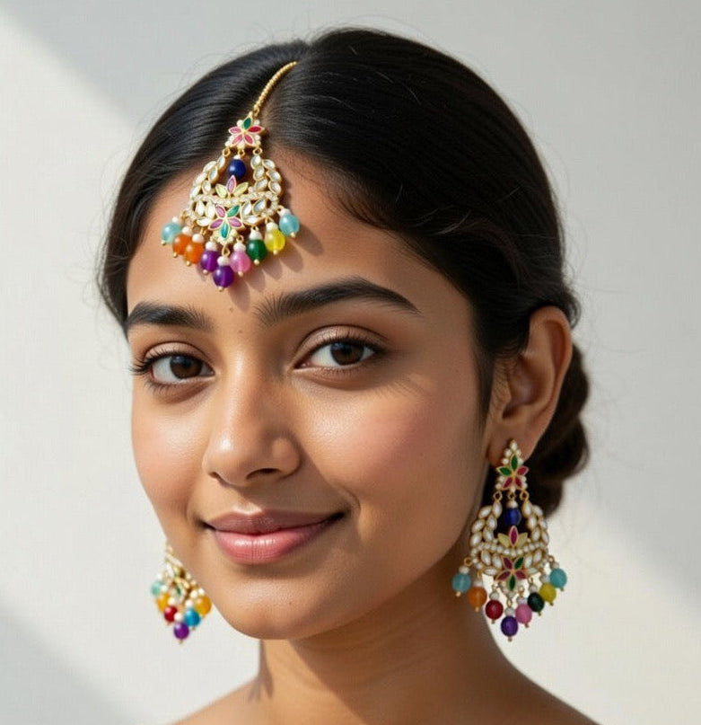 Multi Colour Earrings and Tikka