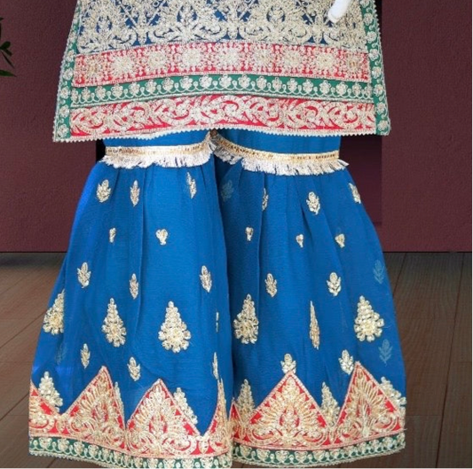 Blue 3pc-Crinkle Chiffon Sharara Set