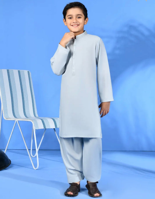 Light Grey Blue-Kameez Shalwar-Kids Boys- J.