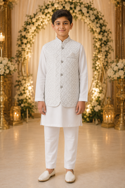 White Embroidered Waistcoat 3-Piece Set