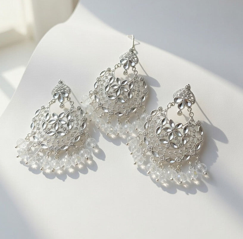 Silver-Kundan Earings and Tikka